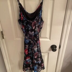 Belted black floral with adjustable spaghetti straps